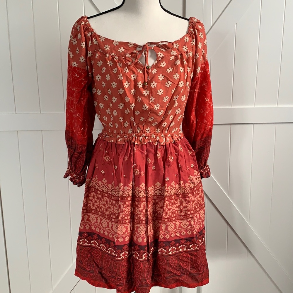 Boho Floral Peasant Dress Size Small Lace-Up Front Red Orange Mini Dress NWT